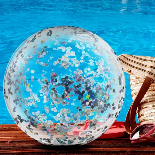 Miniatura 4 de Civaner 6 bolas de playa inflables plateadas de verano con purpurina de 24 pulgadas, bolas de piscina grandes con confeti brillante, transparentes