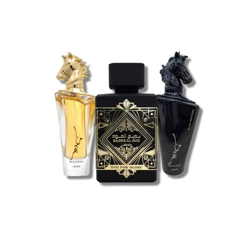 Miniatura 2 de Lattafa Set de regalo unisex de 3 piezas Eau de Parfum (Bade'e Al Oud Oud for Glory + Maahir + Maahir Black Edition para hombres) 3.4 onzas cada uno