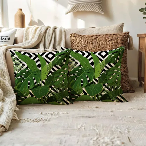 Miniatura 4 de ULOVE LOVE YOURSELF Paquete de 2 fundas de almohada cuadradas decorativas con diseño de hojas verdes tropicales con fondo geométrico, fundas