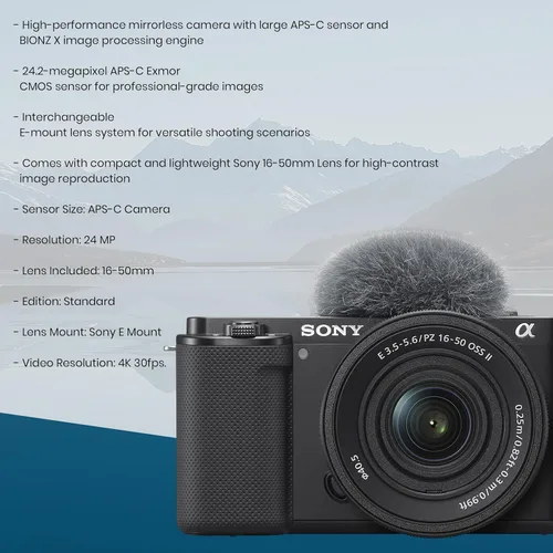 Miniatura 3 de Sony ZV-E10 APS-C Kit de cámara de vlogging sin espejo con lente de zoom de potencia II de 0.630-1.969 in, tarjeta SD de 64 GB, bolsa de hombro, UV