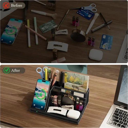 Miniatura 2 de TopMade Organizador de mesita de noche de escritorio con cargador inalámbrico, soporte de cuero para bolígrafos, accesorios de oficina, estación
