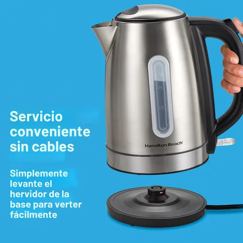 Miniatura 8 de Hamilton Beach - Tetera eléctrica de té, hervidor y calentador de agua, 1.7 litros, sin cable, 1500 vatios para ebullición rápida, apagado