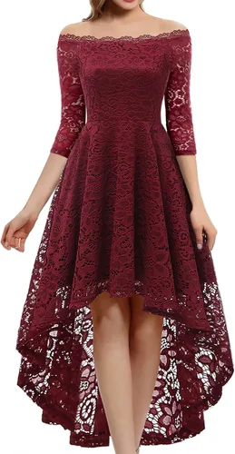 Dressystar - Vestido de encaje para mujer, vestido asimétrico con vuelo y hombros descubiertos ideal para cóctel, dama de honor, fiesta formal
