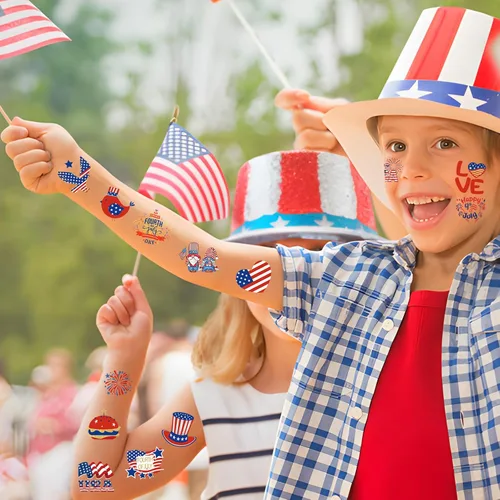 Miniatura 4 de Tatuajes del 4 de julio para niños, 180 tatuajes temporales individuales del 4 de julio, bandera estadounidense patriótica, rojo, blanco y azul