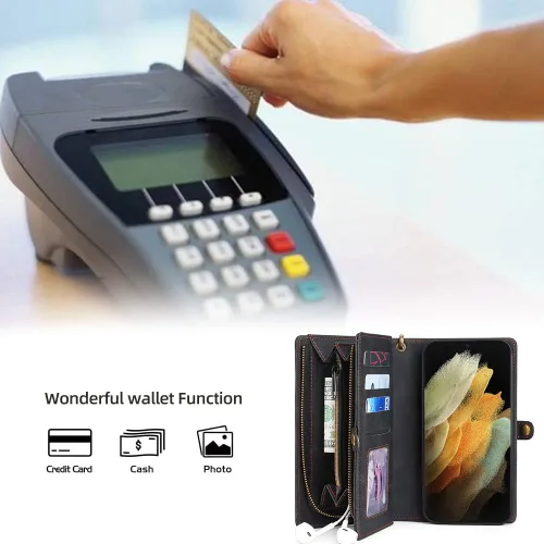 Miniatura 6 de Asuwish Funda de teléfono para Samsung Galaxy S21 Ultra 5G con cremallera, funda desmontable con protector de pantalla de vidrio templado