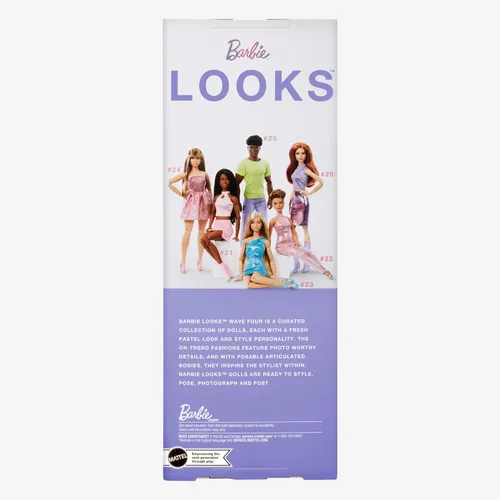 Miniatura 6 de Muñeca Barbie Looks, Colección No. 24 con Cabello Castaño y Moda Moderna Y2K, Vestido Rosa Sin Tirantes con Brillo y Tacones de Puntera Abierta