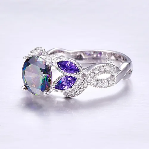 Miniatura 4 de Anillo de compromiso de plata de ley 925 de 3.6 quilates para mujer, topacio arcoíris zafiro aguamarina Anillo de compromiso para mujer