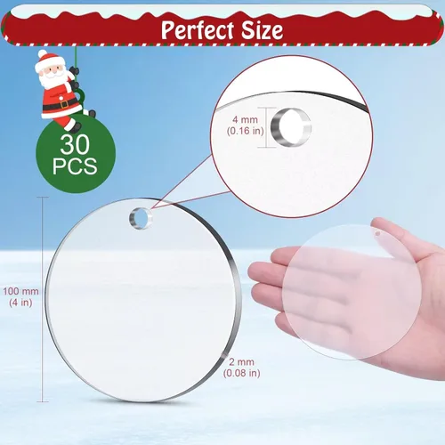 Miniatura 6 de Cludoo Adornos acrílicos de 4 pulgadas, 30 piezas de adornos acrílicos redondos transparentes, adornos de disco acrílico en blanco con agujero