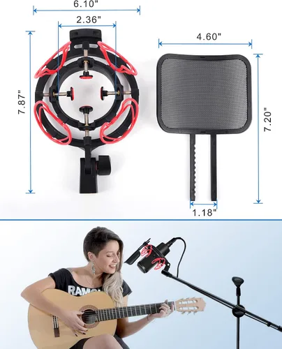 Miniatura 8 de SUUNTOK Soporte de choque de micrófono con filtro pop Soporte de choque universal para micrófonos Tamaño de 0.827-2.441 in Clip de soporte
