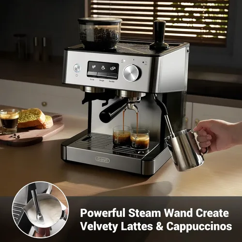 Miniatura 5 de Gevi Máquina de café expreso de 20 barras con molinillo integrado y espumador de leche, cafetera profesional para el hogar, capuchino, café
