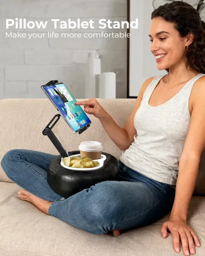 Miniatura 2 de Soporte de almohada para tableta con forro de almacenamiento, cuero sintético, soporte estable para dispositivos de 6.1 a 15.6 pulgadas, impermeable