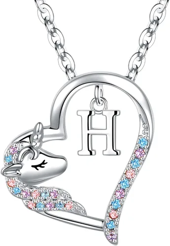 Miniatura 53 de Anoup Collar con inicial de unicornio, chapado en oro de 14 quilates, hipoalergénico con circonita cúbica, colgante de diamante simulado, joyería