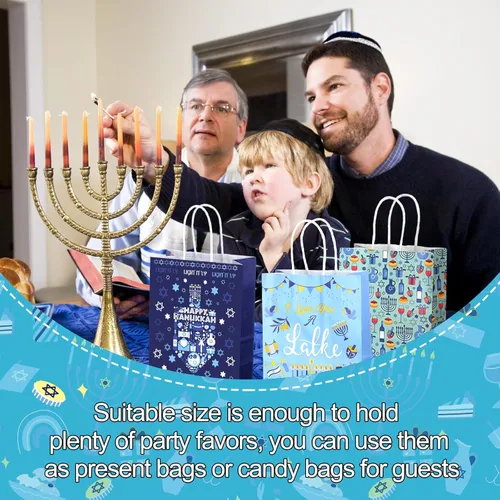 Miniatura 5 de Outus 24 Piezas Bolsas de Favor de Fiesta de Hanukkah Bolsas de Papel de Regalo y Golosinas de Chanukah con Asas Estrella Azul de David Dreidel