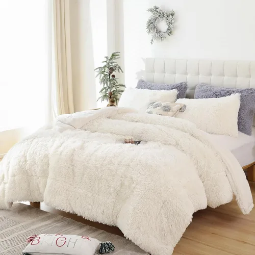 Miniatura 22 de Smoofy Juego de edredón esponjoso de tamaño Full, juego de edredón rosa de piel sintética, juego de ropa de cama mullido de lujo, juego de ropa