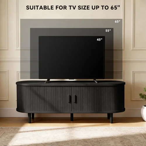 Miniatura 7 de Soporte de TV moderno de mediados de siglo de 58 pulgadas con toma de corriente, centro de entretenimiento acanalado con almacenamiento y estantes
