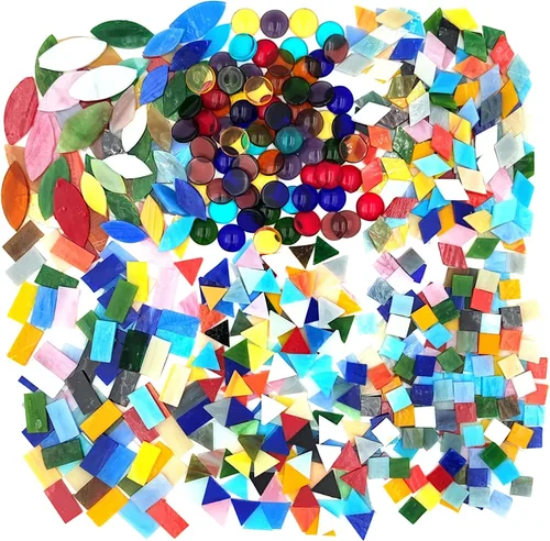 Miniatura 5 de Azulejos de mosaico de vidrio de color mixto 1.3lb/600g, 6 formas mixtas hoja de pétalo/redondo/rectángulo/cuadrado/rombo/triángulo vidrieras piezas