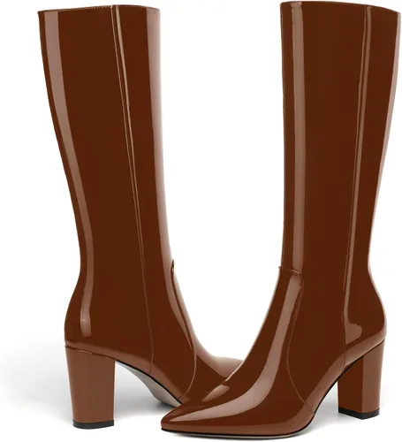 Miniatura 202 de AMBELIGHT Botas altas hasta la rodilla con cremallera y puntera puntiaguda para mujer, de patente sólida, tacón alto, 3.3 pulgadas