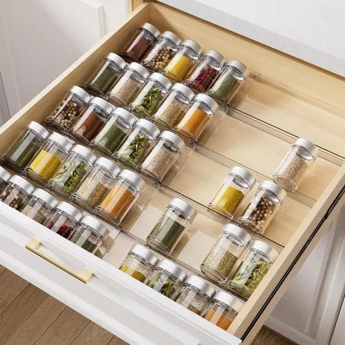 Miniatura 9 de MIUKAA Organizador de cajones de especias de acrílico transparente, 4 niveles, 2 juegos ampliables de 13 a 26 pulgadas, organizador de condimentos