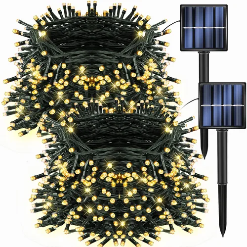 Dazzle Bright Paquete de 2 tiras solares de Navidad de color blanco cálido de 400 LED de 132 pies, funciona con energía solar con 8 modos de luces