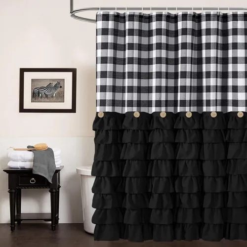 Seasonwood - Juego de cortinas de ducha de granja negras con 12 ganchos, 72 x 72 pulgadas, cortinas de ducha de tela con patrón de cuadros de búfalo