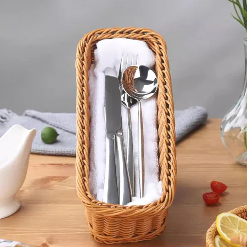 Miniatura 5 de ABOOFAN Organizador de almacenamiento de cubiertos tejido de mimbre, organizador de utensilios de cubiertos, cesta de pan de ratán, bandeja