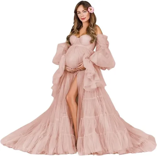 Vestidos de maternidad de tul para sesión de fotos, batas de hombro descubierto, manga larga, lencería nupcial, vestido de baby shower, vestidos de