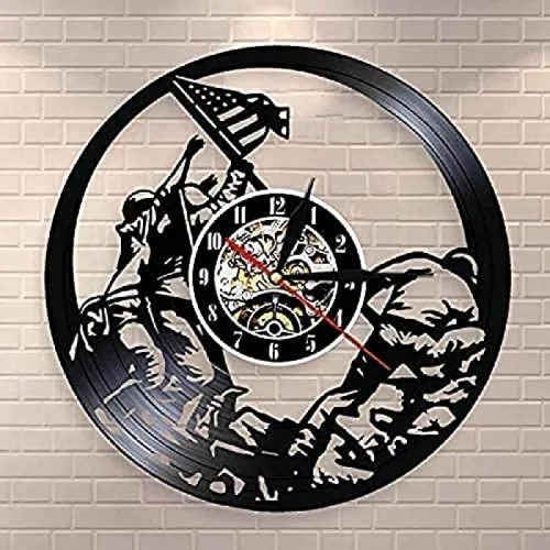 Marines Raising The Flag On Iwo Jima Wwll Wall Art Reloj de pared Ww2 Bandera de Estados Unidos Contemporáneo Disco de vinilo Soldados Reloj Dia