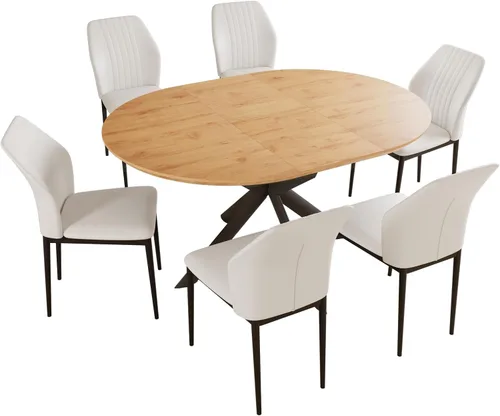 Miniatura 7 de HIPIHOM Juego de mesa de comedor redonda extensible de 43.2"-59.1", mesa de cocina para 4-6 personas con tablero de MDF engrosado resistente a Mesa