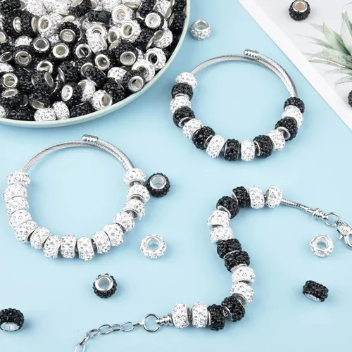 Miniatura 3 de 200 Piezas Cuentas Europeas de Agujero Grande Espaciadoras de Diamantes de Imitación Negro Blanco Lampwork para Manualidades de Bricolaje, Dijes