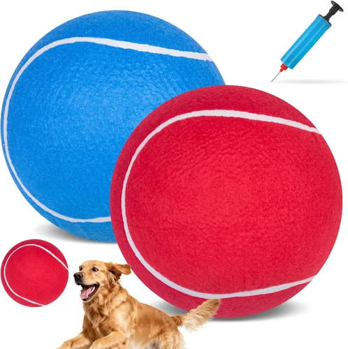EXPAWLORER Pelotas de tenis gigantes para perros – 2 pelotas interactivas de 9.5 pulgadas para entrenamiento en interiores y exteriores, juguetes de