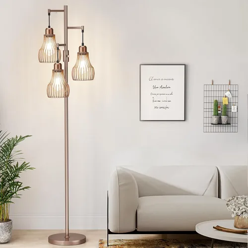Ziisee Lámparas de pie regulables para sala de estar, lámparas altas de pie industriales con forma de árbol con 3 elegantes pantallas de jaula y