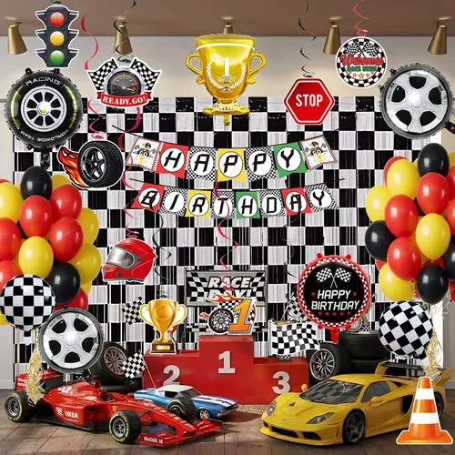 Decoración de fiesta de cumpleaños de coche de carreras, globos de automóvil de carreras con flecos de aluminio a cuadros, telón de fondo de