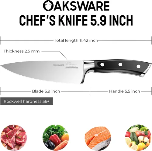 Miniatura 7 de OAKSWARE Cuchillo de chef, cuchillo de cocina de corte y cocción de 6 pulgadas, cuchillo afilado de acero alemán de alto carbono, cuchillo