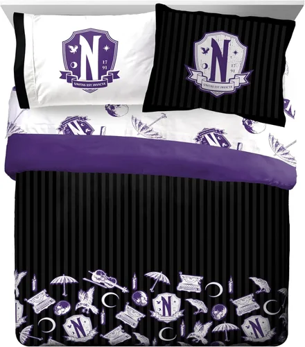 Miniatura 2 de Jay Franco Wednesday Addams - Juego de edredón tamaño Queen, ropa de cama de 7 piezas, incluye juego de sábanas y fundas de almohada, ropa de cama