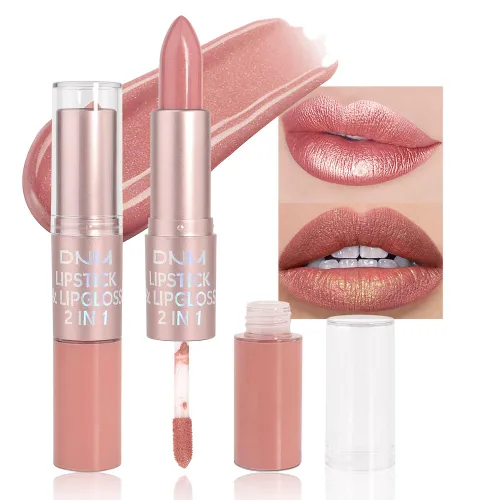 evpct Juego de lápiz labial y brillo de labios 2 en 1 con purpurina color rosa nude metálico brillante para mujeres, de larga duración, impermeable,