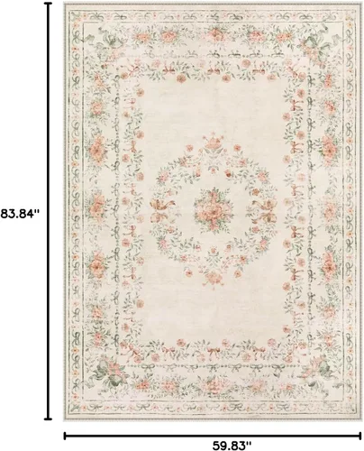 Miniatura 2 de Wonnitar Alfombra lavable con lazo floral de 5 x 7 pies, ultrafina, color beige, para dormitorio, alfombra bohemia que no se desprende, neutra