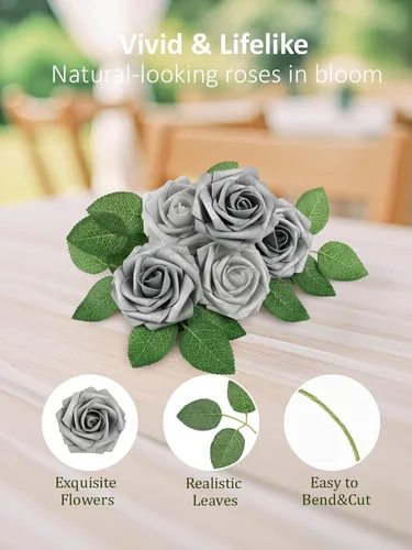 Miniatura 386 de N&T NIETING Flores artificiales, rosas artificiales de color rosa intenso, 50 piezas de flores falsas con tallo para ramos de boda DIY, centros
