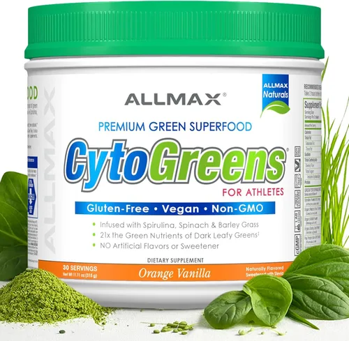ALLMAX Naturals- CYTOGREENS, vainilla naranja - 11.11 oz - Apoya el rendimiento, la recuperación y la energía - con espirulina, clorella, espinaca,