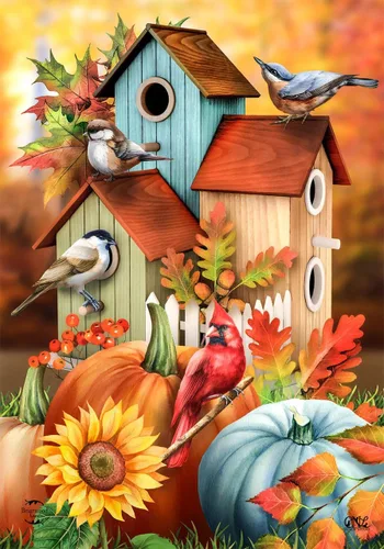 Bandera de jardín de casas de pájaros con flores de otoño, 18 x 12.5 pulgadas Briarwood Lane Fall Floral