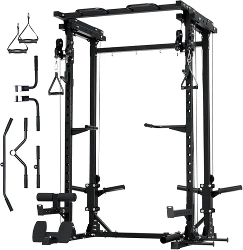 MAJOR FITNESS Drone3 Power Rack, banco de sentadillas para gimnasio en casa de 2500lbs multifunción con sistema de polea doble, barra de tracción y