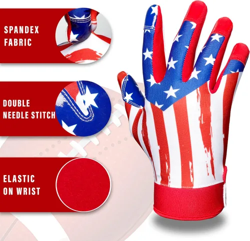 Miniatura 3 de Guantes de fútbol con la bandera estadounidense, guantes receptores de silicona para hombres, guantes receptores de fútbol con bandera de EE. UU.