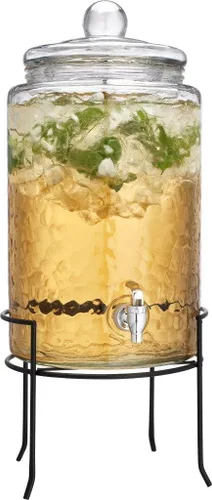 HC Classic - Dispensador de bebidas frías de vidrio martillado, 3 galones, con tapa de vidrio y soporte de metal antiguo, espita 100% a prueba de