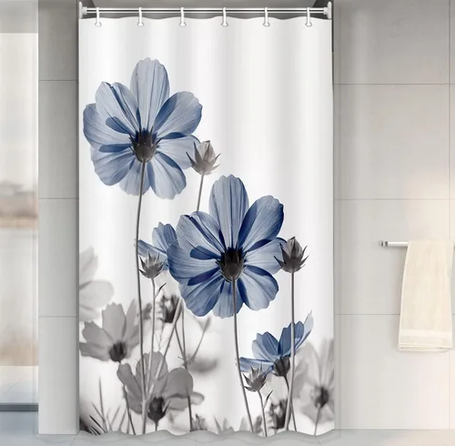 MERCHR Cortina única floral azul para decoración de baño, cortina de ducha estilo granja con flores de margarita azul y gris elegantes y diseño de