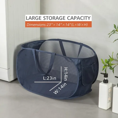 Miniatura 4 de HONOMA Cesta de malla resistente para lavandería, cesta desplegable con bolsillo lateral para cuarto de servicio, baño, habitación de los niños, Gris