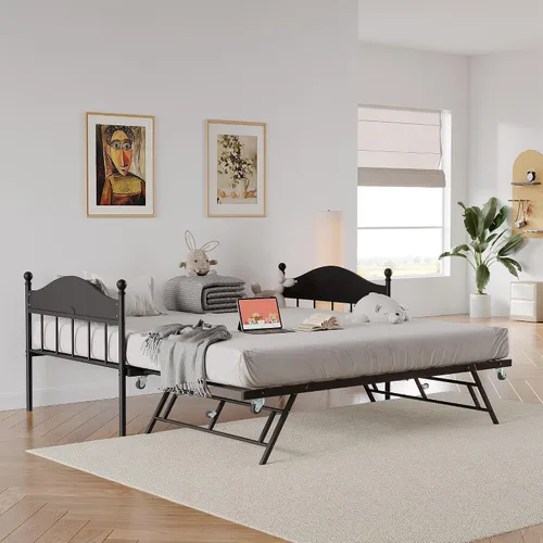 Miniatura 2 de IDEALHOUSE Sofá cama individual de metal con nido desplegable, cama de plataforma de listones de acero resistente con cabecera elegante, marco
