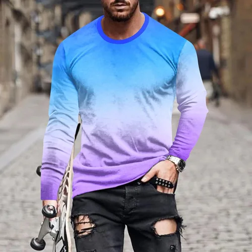 Miniatura 2 de Camisas de color degradado para hombre, ajustadas, de manga larga, para primavera, casual, cuello redondo, blusa cómoda atlética