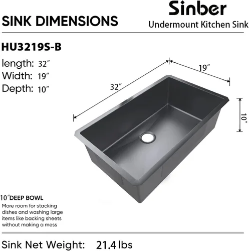 Miniatura 4 de Sinber HU3219S-B Fregadero de Cocina Empotrado de Un Solo Compartimento de 32" x 19" x 10" con Acero Inoxidable 304 Calibre 18 Acabado Negro