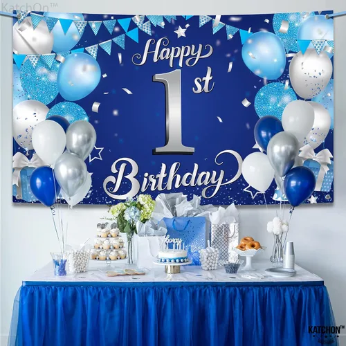 Miniatura 6 de KatchOn, Cartel de feliz primer cumpleaños para niño, 72 x 44 pulgadas, Xtralarge, telón de fondo azul y plateado para el primer cumpleaños