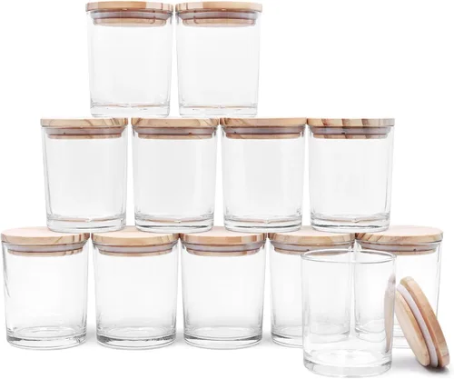 Tarros gruesos para hacer velas, 12 unidades, tarros vacíos de 7 onzas con tapas de madera para hacer velas, recipiente de muestra, transparente