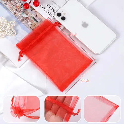 Miniatura 2 de Hopttreely 100 bolsas de organza transparente, bolsas de regalo de joyería roja, bolsas de regalo de boda de Navidad de 4 x 6 pulgadas con cordón